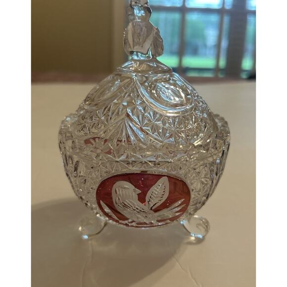 Vintage Hofbauer 4” Crystal Red Byrdes Bird Covered‎ Sawtooth Candy Dish Footed - Picture 3 of 9